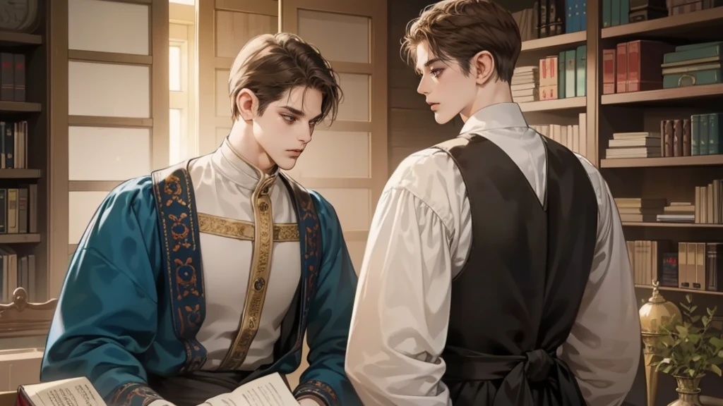 masterpiece, Best quality, realistic, 1 person, Mature man, Quiet and charming young man, 25 years, waist up very detailed face, narrow shoulders, thin, Middle Ages, 19th century,, ((golden eyes)), ((Short, dark brown hair combed to the right)), [thick eyebrows], Cinematic lighting, I look at the audience, posture dynamics, dress the doctor, monocle, In the hands of a book, behind there is a cabinet with medicines and herbs, books, standing indoors