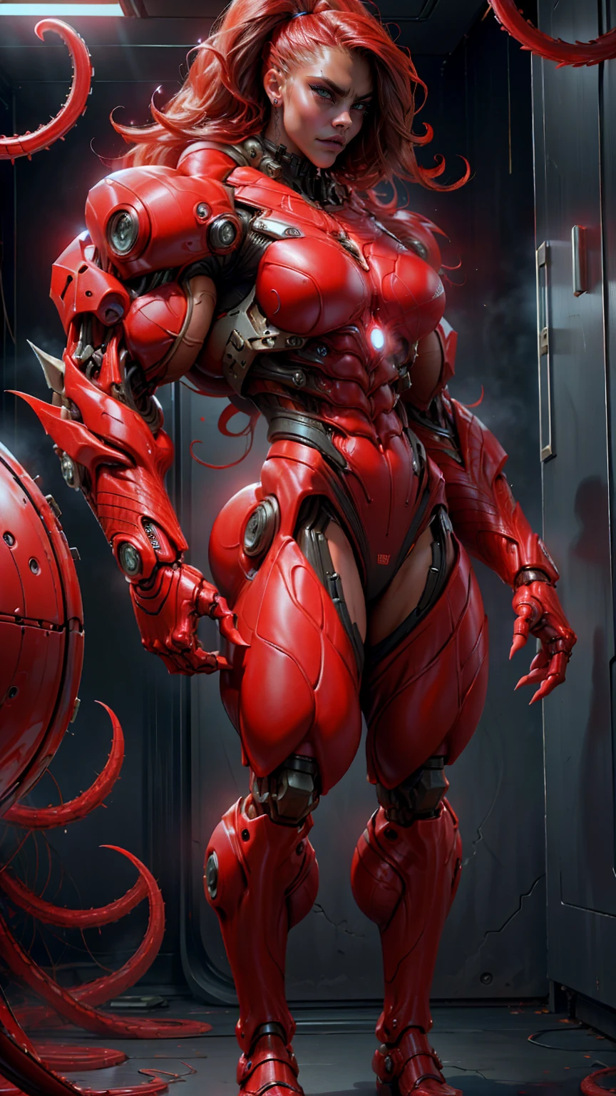 (beautiful girl:1.25), (megan fox:1.25), (young bodybuilder girl wearing cybernetic muscle suit:1.25), carnage muscular physique, seductive face, mouth wide open carnage style, long red hair, perfect muscular body, super skinny legs, sissy, femboy, (carnage style physique)