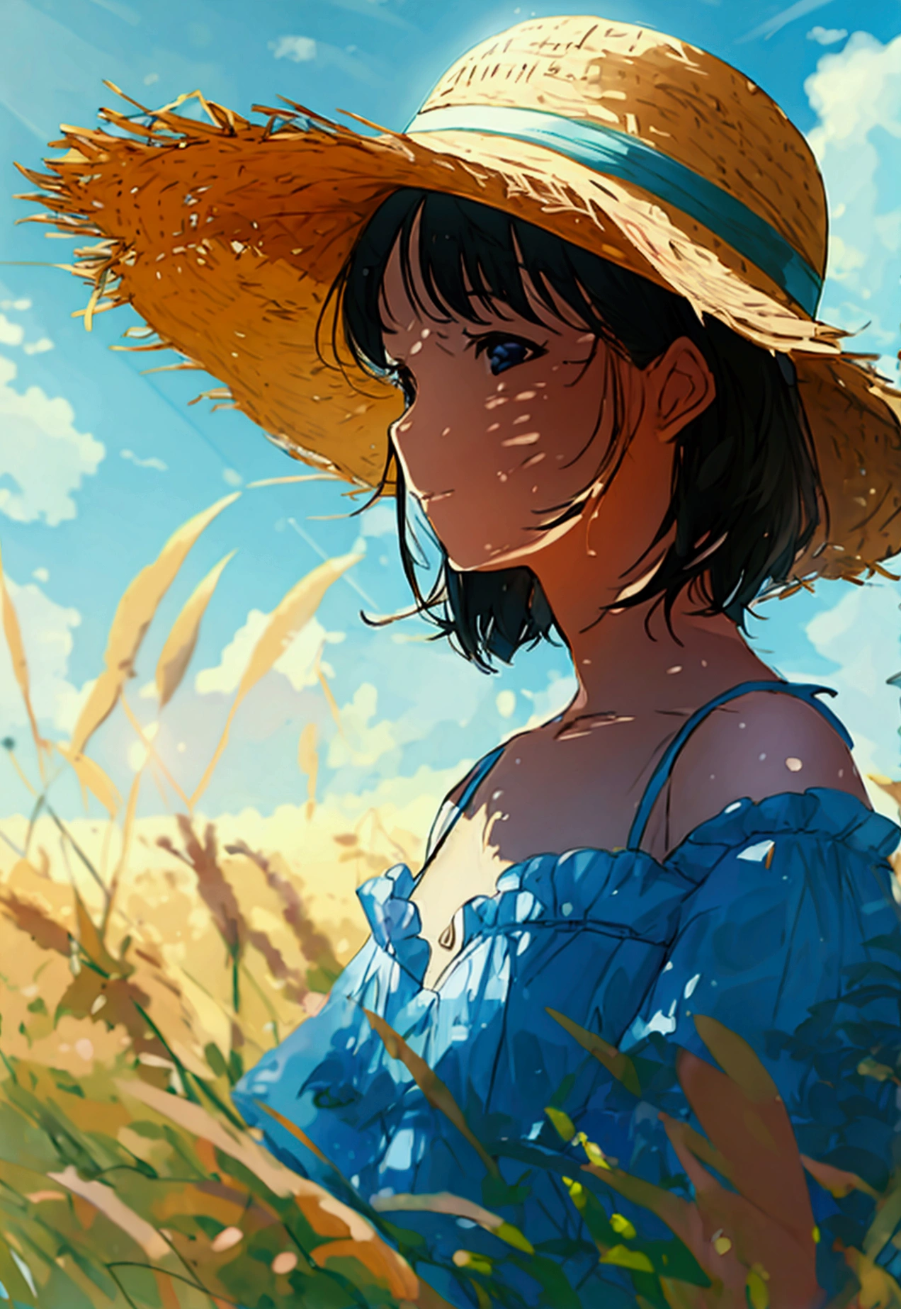Summer landscape, girl in straw hat, sky blue, sunlight