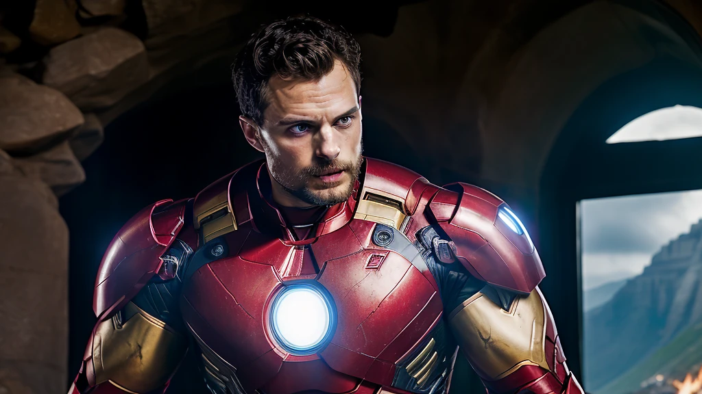 Actor Jamie Dornan, ((best quality)), ((Artwork)), (detailed), high definition image, ultra HD, Marvel movie cover style, actor Jamie Dornan as Marvel's Iron Man, iron Man Marvel, wearing armor red, backdrop behind cave of super hero with combat armor.