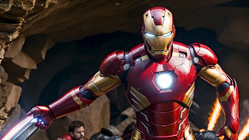 Actor Jamie Dornan, ((best quality)), ((Artwork)), (detailed), high definition image, ultra HD, Marvel movie cover style, actor Jamie Dornan as Marvel's Iron Man, iron Man Marvel, wearing armor red, backdrop behind cave of super hero with combat armor.
