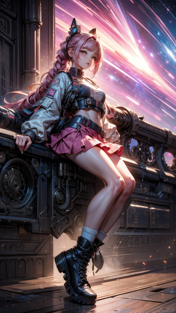 high resolution, Best Quality, Masterpiece, very high image quality, ultra detailed, Hyper realistic, 3D, cheered up, illustrations, Fancy, hard rock girl, very beautiful cute, pink wavy fur, side braid, mini skirt, socks, engineer boots, cyber punk city galaxy background  