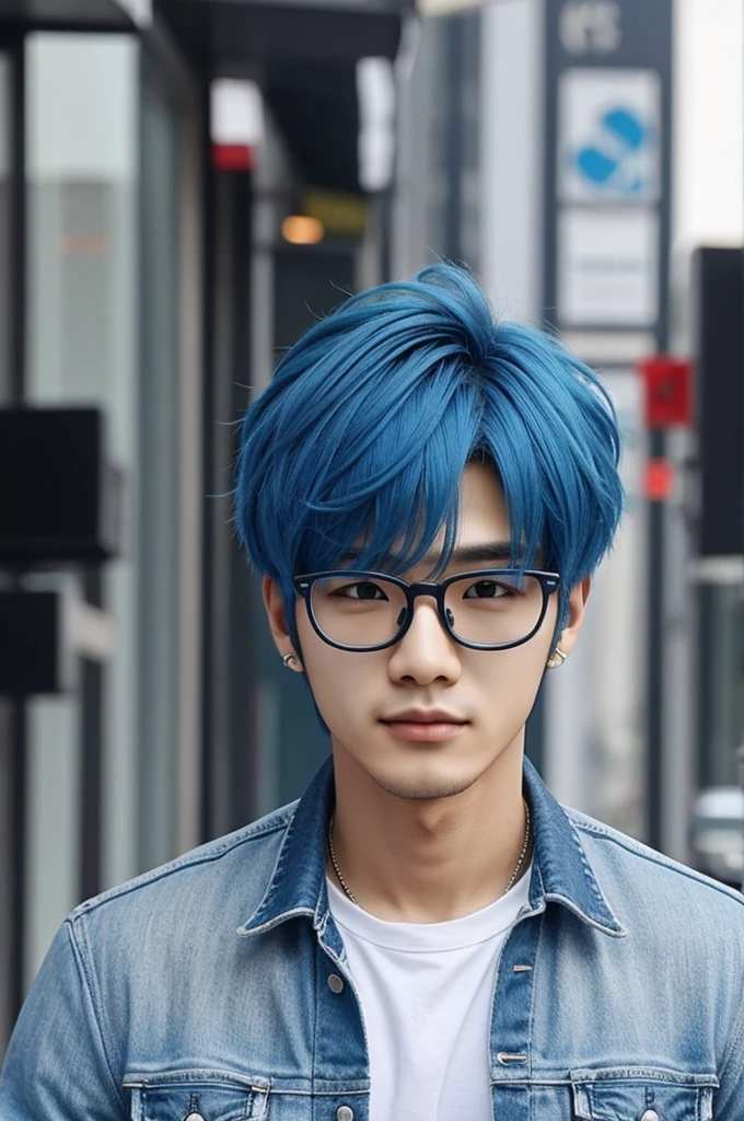 3d male kpop idol with blue hair and glasses 