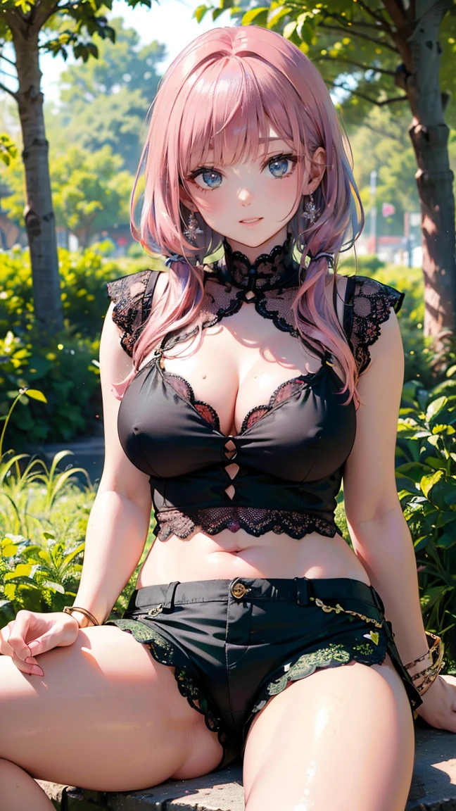 (Masterpiece, BestQuality:1.3), (ultra detailed:1.2), (hyperrealistic:1.3), (RAW photo:1.2), High detail RAW color photo, professional photograph, (Photorealistic:1.4), (realistic:1.4), (Pink Hair:1.5), professional lighting, perfect anatomy, (Big Breasts:1.2), (blush, detailed face), (A happy smile:1.7), sexly, erotic sexly, Random sexy gravure poses, (In the shade、Sexy beautiful woman in black lace top and shorts sitting and smiling。The background is the shade of green trees、Accessory: gold bracelet。:1.3)