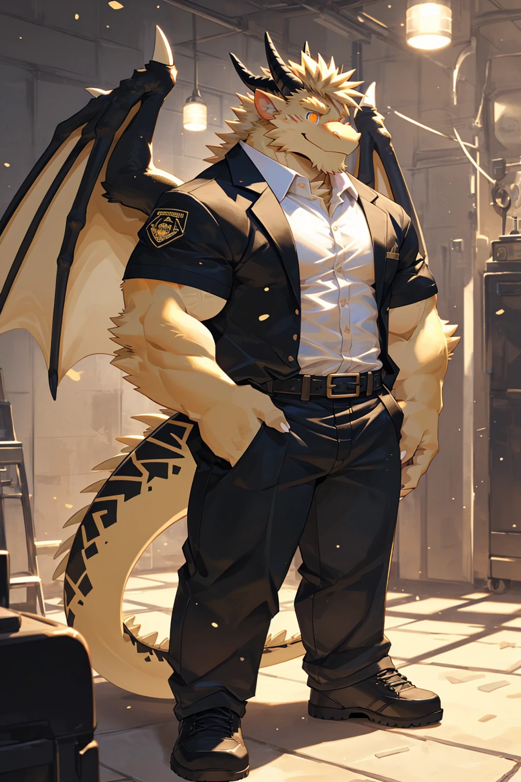 (sfw:1.5), male focus, security guard, Handsome 1boy, solitary,protrait photo, single, (White nails, White Paws:1.4), (Light blond hair:1.5), (Black and gold dragon wings, Huge black and gold dragon wings:1.3), Black and gold skin, (Black and gold tail:1.4), (Black horn, Black curved corners:1.4), (Black body:1.3), (All black:1.4), (Pale blond chin, Pale golden neck:1.4), Pale golden chest, Light blond chest hair, (perfect golden eyes:1.4), (Black scales:1.3), (Black Hands, Black Hands臂, Black Hands指, Black head:1.4),
Western Dragon, dragon, dragon boy, dragon body, feet, (big eyes, large eyes:1.4), (Chubby face, The body is huge, Larger face:1.3),
(Black short sleeve, White short-sleeved shirt, Black pants, Black short shoes, Black leather belt:1.4),
(full body:1.3), (Mature men:1.4), (Strong body, muscle,Strong male:1.3), (Thick arms:1.3), (Standing:1.4), (Looking at the audience, Focus, Eyes gaze:1.2), (Smile:1.4),
full background,ground, Blue sky, White Cloud, ground, School, School大门, security guard亭,
, Mysterious and romantic atmosphere, Caustic lines(refraction, polarization)Perfect anatomical structure, absurd, Detailed background, (Delicate eyes:1.3),Printing style。((artist:Takemoto Arashi))