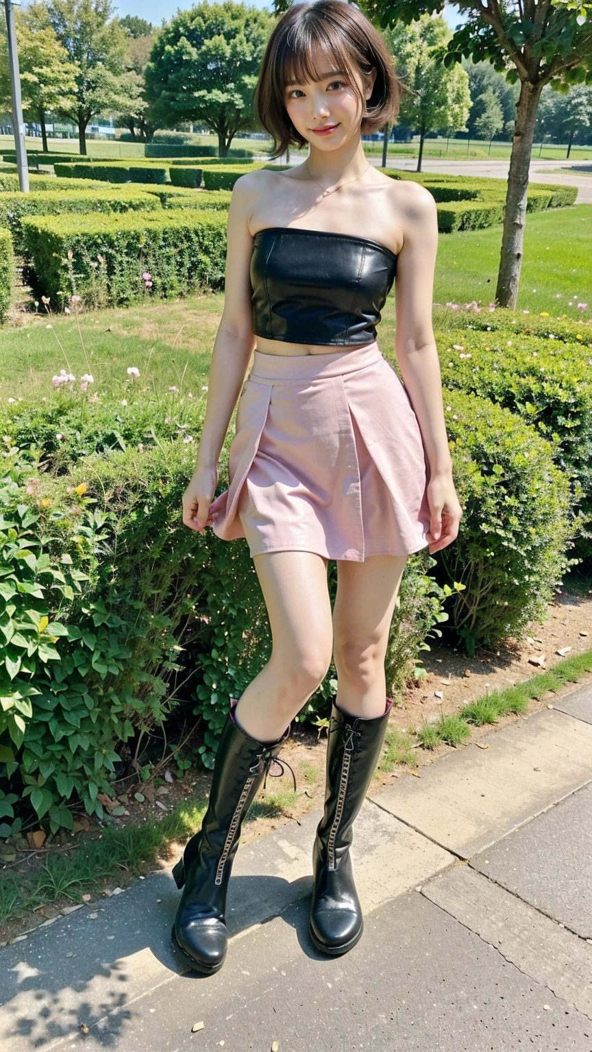 (8K、RAW Photos、Highest quality、masterpiece:1.2)、(Highest quality、Realistic)、1 Girl、((Tube top、Medium Hair、smile、Pink and black、Micro Tight Skirt、Thin legs、whole body、boots、garden、View from the front、Looking into the camera、Stand with hands on hips))、cute