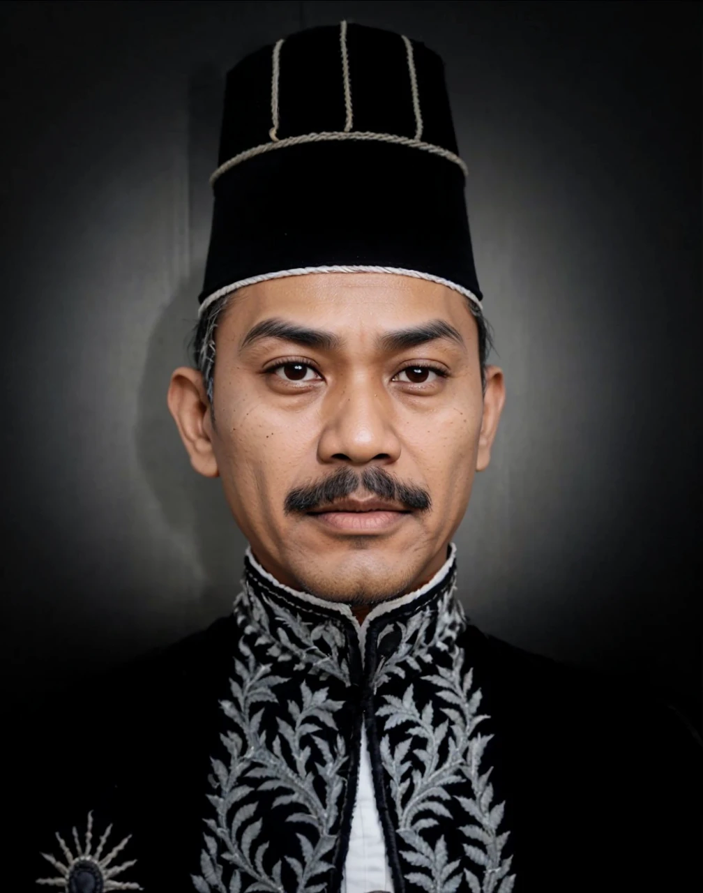 Indonesian Muslim man, aged 40 years or over, wrinkled brown skin, wearing clothes with the nuances of the great king of Mataram, kanigaran type clothes, high head covering. long small eyebrows, slightly thick lower lip, small slightly flat nose, natural clear eyes, natural thick black mustache. HD quality realistic images.