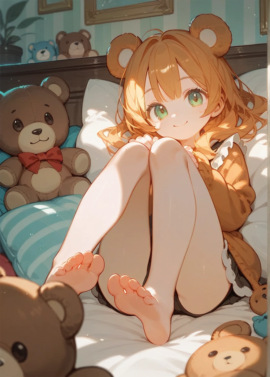 (score_9,score_8_up,score_7_up),1girl, cute girl inside cute room, feet up, feet, smiling, teddy bear, , pillows