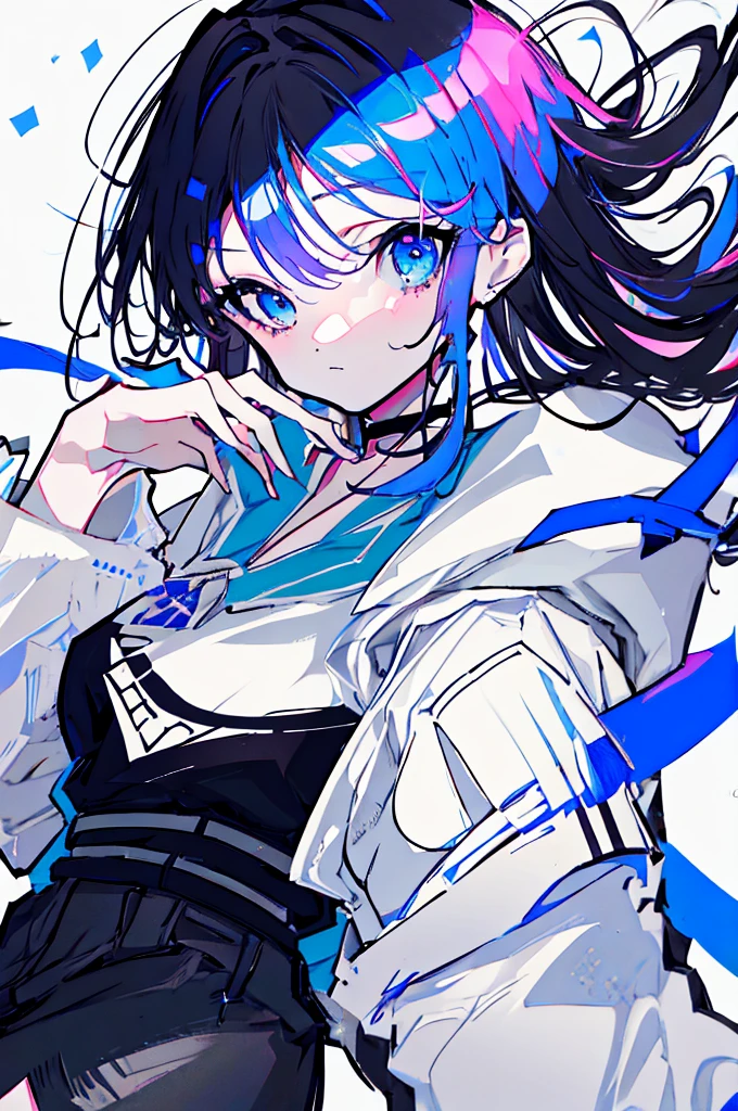 {{masterpiece}}, The best quality of life,、（Black long hair、Inside is blue、Pink eyes）、big black earrings、Black choker、Beautiful details in the eyes、White background、Anime characters、（（Black tube top、hot pants、Punk Fashion）、（無表情のGirl）、（White background）、（（Girl、16歳のGirl））