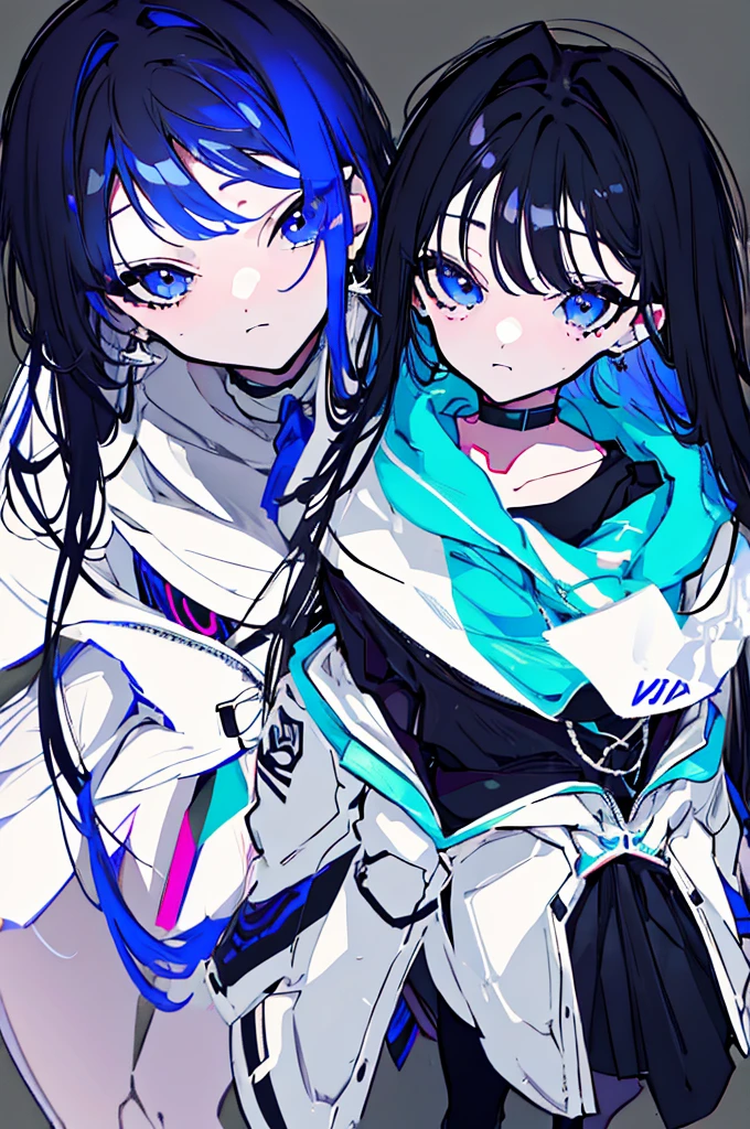 {{masterpiece}}, The best quality of life,、(Black long hair、Inside is blue、Pink eyes)、big black earrings、Black choker、Beautiful details in the eyes、White background、Anime characters、((Black tube top、hot pants、Punk Fashion)、(無表情のGirl)、(White background)、((Girl、16歳のGirl))