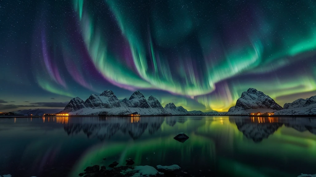 Aurora borealis on the Lofoten islands, Norway. Night sky with polar lights. Night winter landscape with aurora and reflection on the water surface.