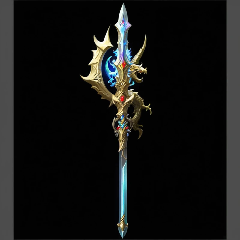 非常漂亮的sword，The design is also very beautiful, Intricate Fantasy Spear, Fantasy weapons, Sword weapons, Scepter, World of Warcraft Blizzard Weapon Art, epic Fantasy weapons art, metallic Scepter, Dragon Staff, Role Playing Game Items, sword, Weapon concept art, Fantasy RPG Weapon Art, League of Legends Arcane, 奇幻sword, Dragon Staff, Weapon Design