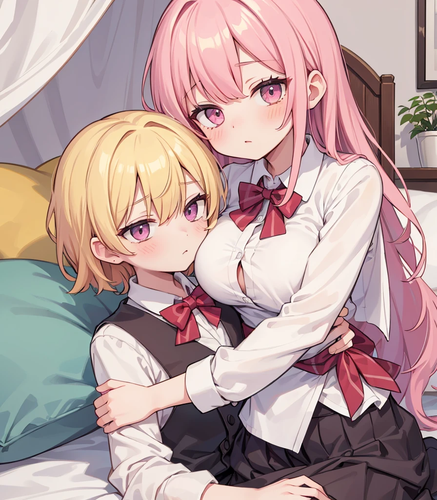 masterpiece, Highest quality, so beautiful, absurdists,High resolution,One girl, One boy,Cuddling in bed, like,sexly,Look at each one, blush,Age difference,bow tie,blondes,chest,Long Hair,Pink Hair,Tucked in shirt,short hair,skirt,Tent shirt,Slut,Big breasted sister and brother,Siblings, trousers,Pushing her big tits against her brother,(My brother's erect penis),((((姉のvery huge breasts,Sister crushes her big tits in her brother's face)))),(((((Very huge breasts))))),(((((small penis,NSFW,Soft Very HUGE breasts))))),((Bursting Breasts,Huge breasts hiding her brother's face)),((((((((Huge Breasts, Large Breasts, Very Large Breasts, Very Large Breasts, Very Large Breasts, Very Large Breasts, Very Large Breasts, Very Large Breasts, Very Large Breasts, Very Large Breasts, Very Large Breasts, Very Large Breasts, Burying Face in Breasts)))))))),Two people gazing at each other,puffy breasts,((Face crushed by tits, huge breasts on brother's body, mouth covered by tits, breasts covering face)),((huge breasts)),soft massive breasts