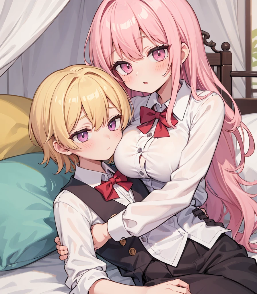 masterpiece, Highest quality, so beautiful, absurdists,High resolution,One girl, One boy,Cuddling in bed, like,sexly,Look at each one, blush,Age difference,bow tie,blondes,chest,Long Hair,Pink Hair,Tucked in shirt,short hair,skirt,Tent shirt,Slut,Big breasted sister and brother,Siblings, trousers,Pushing her big tits against her brother,(My brother&#39;s erect penis),((((姉のvery huge breasts,Sister crushes her big tits in her brother&#39;s face)))),(((((Very huge breasts))))),(((((small penis,NSFW,Soft Very HUGE breasts))))),((Bursting Breasts,Huge breasts hiding her brother&#39;s face)),((((((((Huge Breasts, Large Breasts, Very Large Breasts, Very Large Breasts, Very Large Breasts, Very Large Breasts, Very Large Breasts, Very Large Breasts, Very Large Breasts, Very Large Breasts, Very Large Breasts, Very Large Breasts, Burying Face in Breasts)))))))),Two people gazing at each other,puffy breasts,((Face crushed by tits, huge breasts on brother's body, mouth covered by tits, breasts covering face)),((huge breasts)),soft massive breasts