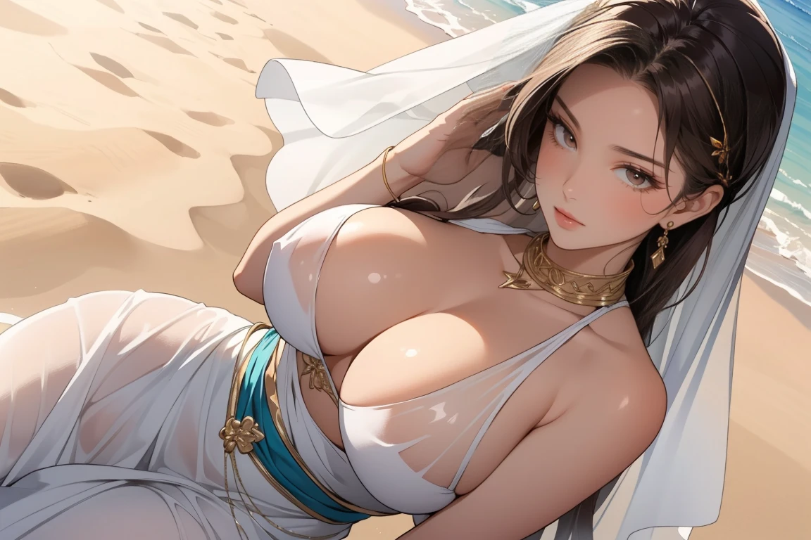 ((Masterpiece, top quality, high resolution)), ((highly detailed CG unified 8K wallpaper)), (huge stunning goddess shot, so hot and sexy, jaw dropping beauty, perfect proportions, beautiful body, slim body beauty:1.3), Desert princess, Arabian Nights scene, fantasy, wearing veil and harem dancer costume, lying on sand, sunset over desert in background, long dark hair, almond eyes, see-through costume is dominated by wind,