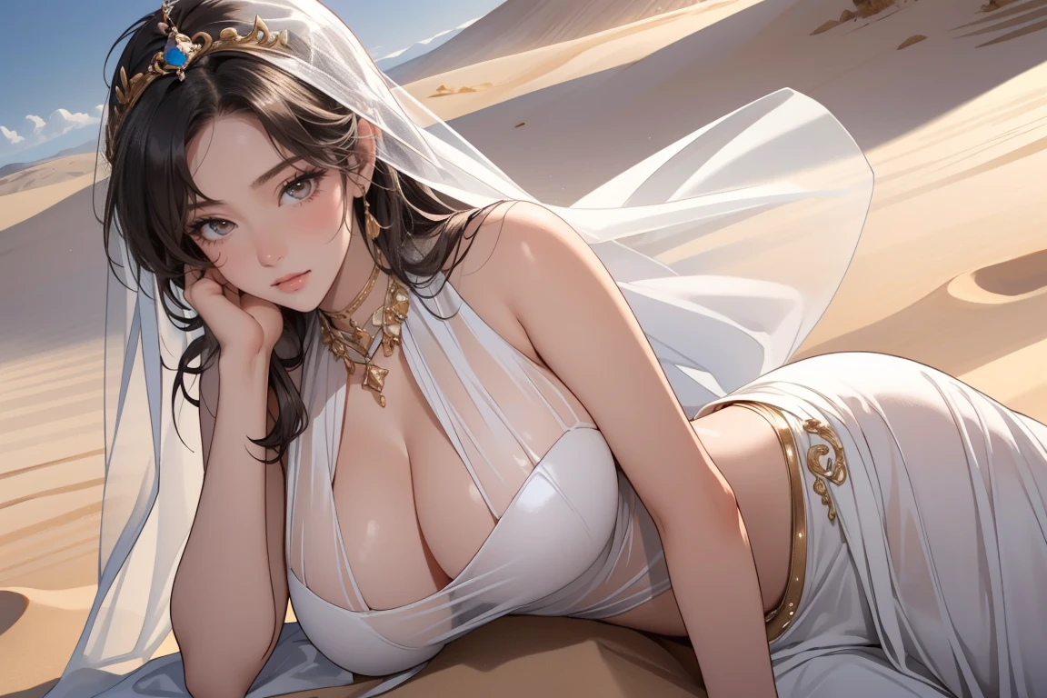 ((Masterpiece, top quality, high resolution)), ((highly detailed CG unified 8K wallpaper)), (huge stunning goddess shot, so hot and sexy, jaw dropping beauty, perfect proportions, beautiful body, slim body beauty:1.3), Desert princess, Arabian Nights scene, fantasy, wearing veil and harem dancer costume, lying on sand, sunset over desert in background, long dark hair, almond eyes, see-through costume is dominated by wind,