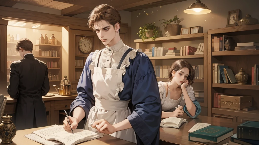 masterpiece, Best quality, realistic, 1 person, Mature man, Quiet and charming young man, 25 years, waist up very detailed face, narrow shoulders, thin, Middle Ages, 19th century,, ((golden eyes)), ((Short, light brown hair combed to the right)), [thick eyebrows], in an apron, Cinematic lighting, I look at the audience, posture dynamics, dress the doctor, monocle, In the hands of a book, behind there is a cabinet with medicines and herbs, books, standing indoors