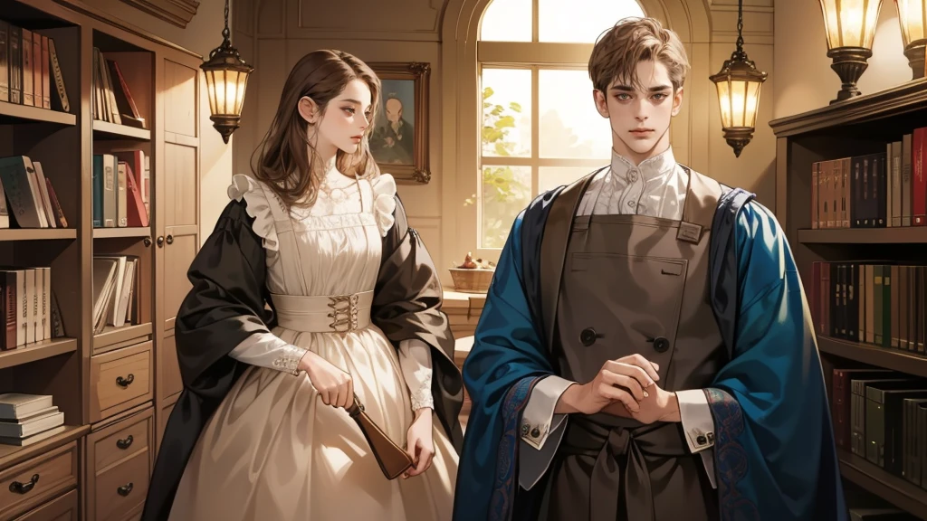masterpiece, Best quality, realistic, 1 person, Mature man, Quiet and charming young man, 25 years, waist up very detailed face, narrow shoulders, thin, Middle Ages, 19th century,, ((golden eyes)), ((Short, light brown hair combed to the right)), [thick eyebrows], in an apron, Cinematic lighting, I look at the audience, posture dynamics, dress the doctor, monocle, In the hands of a book, behind there is a cabinet with medicines and herbs, books, standing indoors