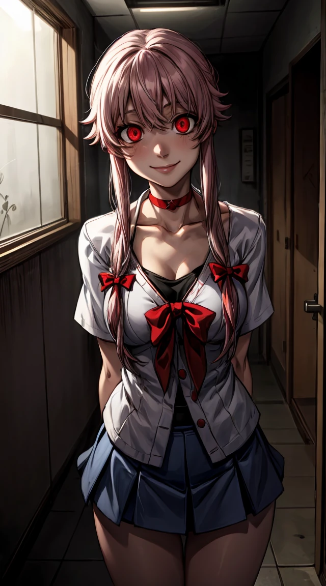 gasai yuno, white cardigan, black shirt, denim skirt, miniskirt, collarbone BREAK red eyes, large breasts, black choker, (head tilt:0.8), smile, arms behind back, in a old room, YAMEROYANDERE CONSTRICTED PUPILS YANDERE EMPTY EYES SHADED FACE CRAZY EYES GLOWING EYES CRAZY SMILE DARK