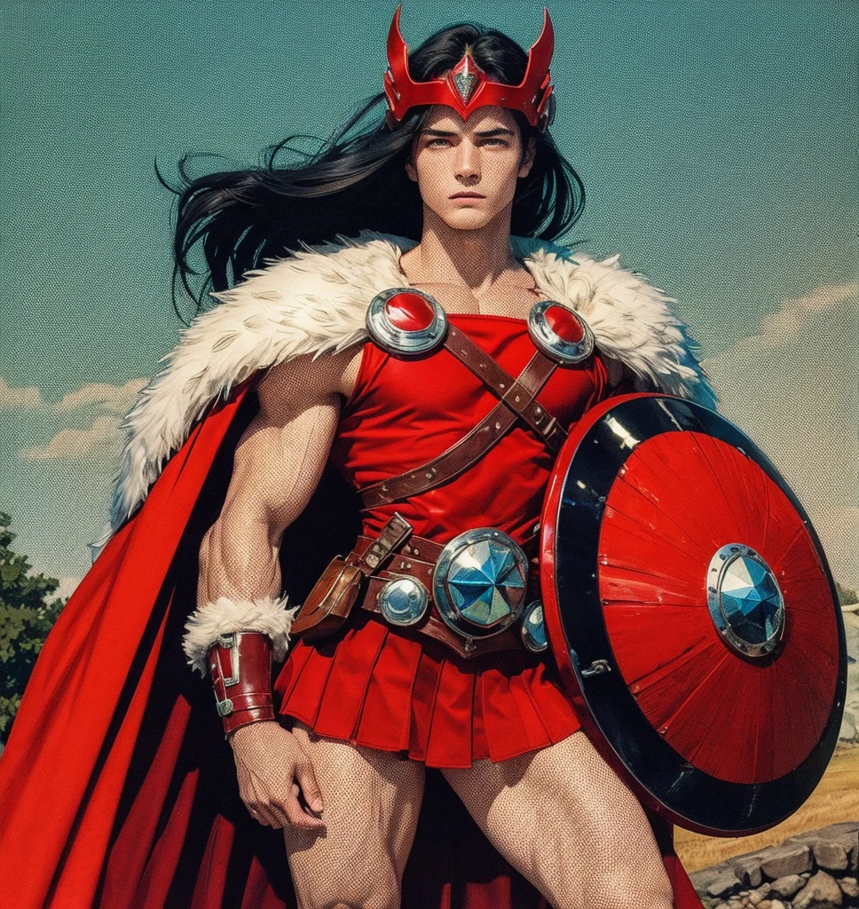 American classic comic book art: delicate ethereal very young man of Native American origin, brown skin, short straight dark hair, masculine chest,nicebutt, bright red hood, bright red tiny mini skirt, long black gloves, nice thighs, holding a wooden stick, necklace of teeth, very young face man, collars of brown fur, black tight socks, prancing, comic book 