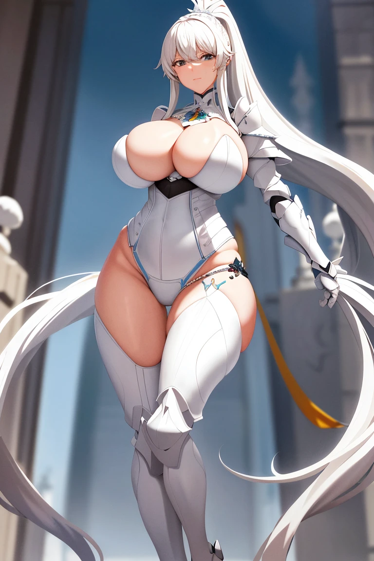 A woman,White long hair,High Ponytail,Wearing white plate armor,knight,White Armor,Bikini,Long legs,Nipple protrusion,Twenties,exposed,White Armor高跟鞋,Huge breasts,超级Huge breasts,Standing