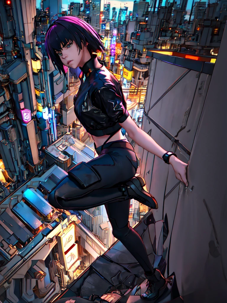 Night city background、neon、Absurd, Highest quality, One girl, alone, View your viewers, Eye focus, motoko_Kusanagi, Black jacket