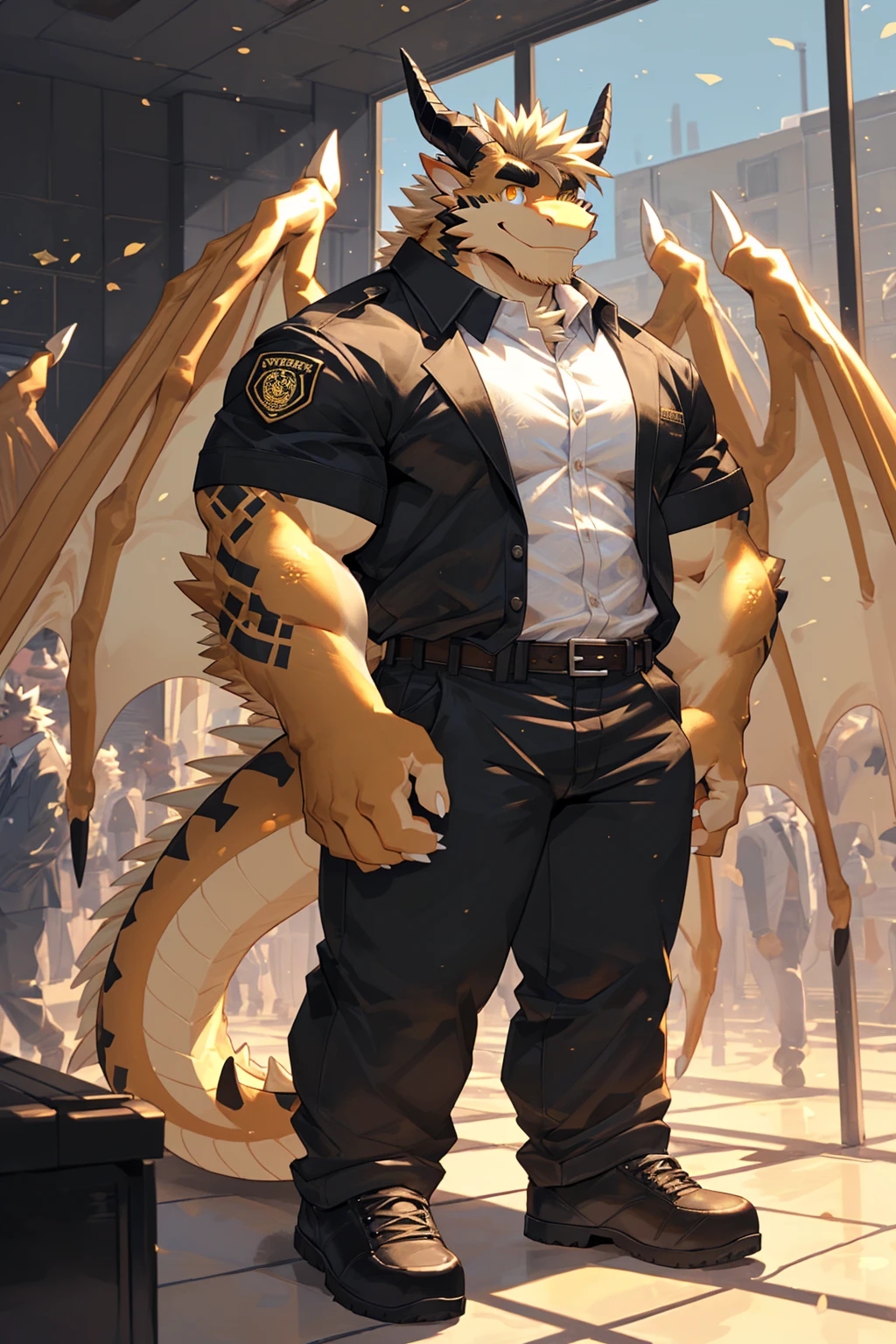 (sfw:1.5), male focus, security guard, Handsome 1boy, solitary，protrait photo, single, (White nails, White Paws:1.4), (Light blond hair:1.5), (Black and gold dragon wings, Huge black and gold dragon wings:1.3), Black and gold skin, (Black and gold tail:1.4), (Black horn, Black curved corners:1.4), (Black body:1.3), (All black:1.4), (Pale blond chin, Pale golden neck:1.4), Pale golden chest, Light blond chest hair, (perfect golden eyes:1.4), (Black scales:1.3), (Black Hands, Black Hands臂, Black Hands指, Black head:1.4), 
Western Dragon, dragon, dragon boy, dragon body, feet, (big eyes, large eyes:1.4), (Chubby face, The body is huge, Larger face:1.3), 
(Black short sleeve, White short-sleeved shirt, Black pants, Black short shoes, Black leather belt:1.4), 
(full body:1.3), (Mature men:1.4), (Strong body, muscle,Strong male:1.3), (Thick arms:1.3), (Standing:1.4), (Looking at the audience, Focus, Eyes gaze:1.2), (Smile:1.4), 
full background,ground, Blue sky, White Cloud, ground, School, School大门, security guard亭,
, Mysterious and romantic atmosphere, Caustic lines(refraction, polarization)Perfect anatomical structure, absurd, Detailed background, (Delicate eyes:1.3),Printing style。((artist:Takemoto Arashi))