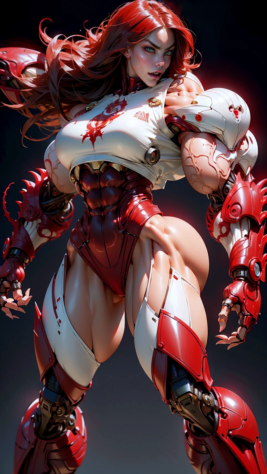 (beautiful girl:1.25), (megan fox:1.25), (young bodybuilder girl wearing cybernetic muscle suit:1.25), carnage muscular physique, seductive face, mouth wide open carnage style, long red hair, perfect muscular body, super skinny legs, sissy, femboy, (carnage style physique)