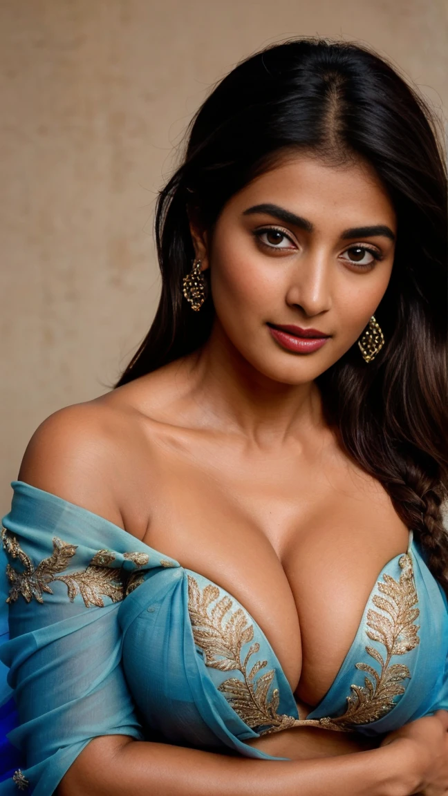 close up photo of 30 years old pooja hegde, hugging by an old men  swooping breasts, deep cleavage, look at camera, blue saree, French braid hair, 4K, HD