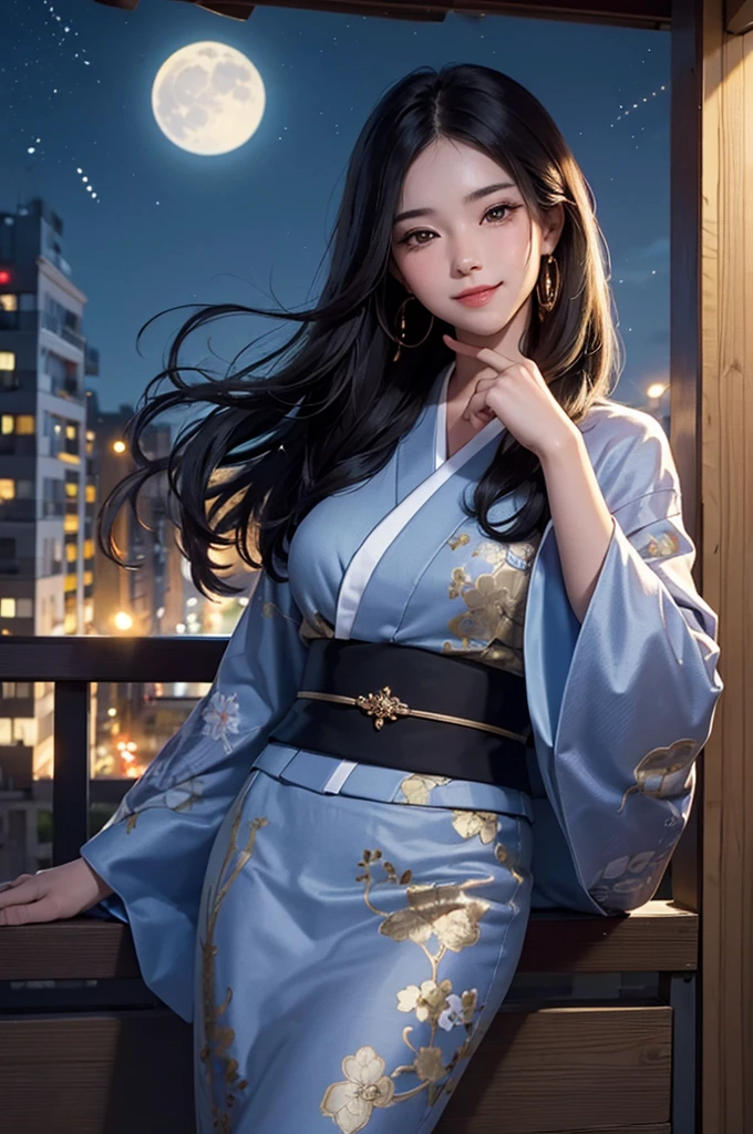 (masterpiece), best quality, expressive eyes, perfect face, At night, under the city lights, on a balcony of an apartment, a A beautiful black-haired woman in a kimono drinks beer, smiling, under the moon and stars, feeling the night breeze.