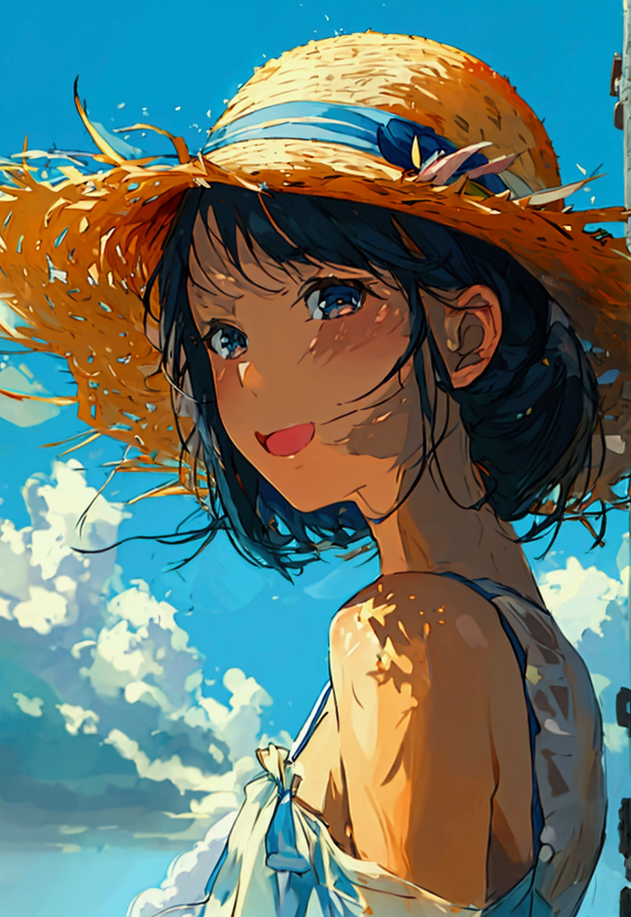 Summer landscape, close-up of a girl in a straw hat, sky blue, sunlight