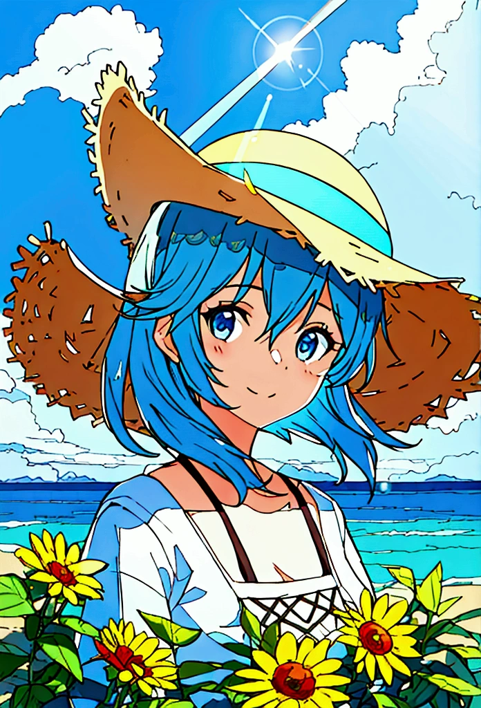 Summer landscape, close-up of a girl in a straw hat, sky blue, sunlight