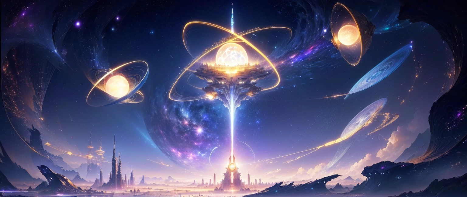 There is a tower in the background, Infinite Celestial Library, Infinite Space Clock Background, 4k solarpunk wallpaper, Concept Art Magic Highlights, Background artwork, The background is an endless universe, ball of time, Anime background main visual, Animation New Art Universe Display, 8K HD wallpaper JPEG artifact