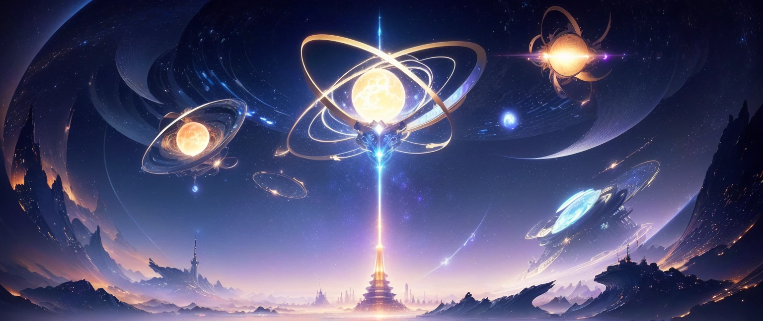 There is a tower in the background, Infinite Celestial Library, Infinite Space Clock Background, 4k solarpunk wallpaper, Concept Art Magic Highlights, Background artwork, The background is an endless universe, ball of time, Anime background main visual, Animation New Art Universe Display, 8K HD wallpaper JPEG artifact