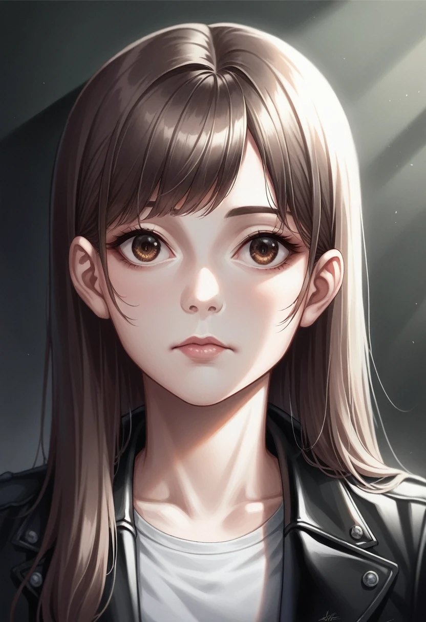 Raw photo, subject, (highly detailed skin:1.2), 8k contract, SLR camera, soft lighting, high quality, Granularity, Fujifilm XT3, masterpiece,Best quality,ultra detailed,masterpiece,Tography,1 girl,upper body,,(((hairstyle))), long hair, black jacket,clear sharp focus, in the dark,Moonlight,Shadow on the face,reflection,reflection in the eyes, detailed eyes,Brown eyes,Beautiful eyes,detailed face,real leather,chiaroscuro, (high contrast):1.2, dramatic shadows, Bold text, moody atmosphere,  Thrilling Intensity,  expressive style of writing,groove mustache,