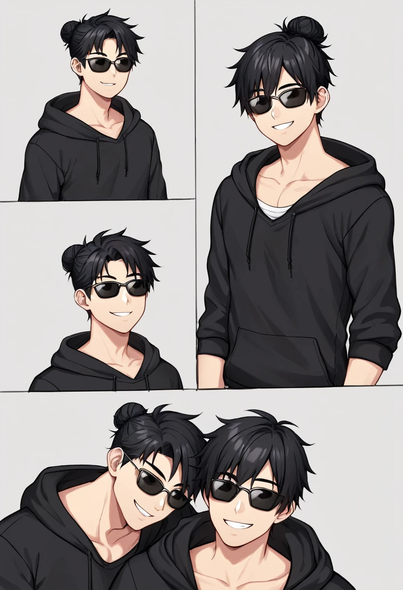 1 boy, black hair large shoulder tied in a man bun , black eyes, clear skin, place sunglasses black over your eyes, hoodie, smiling