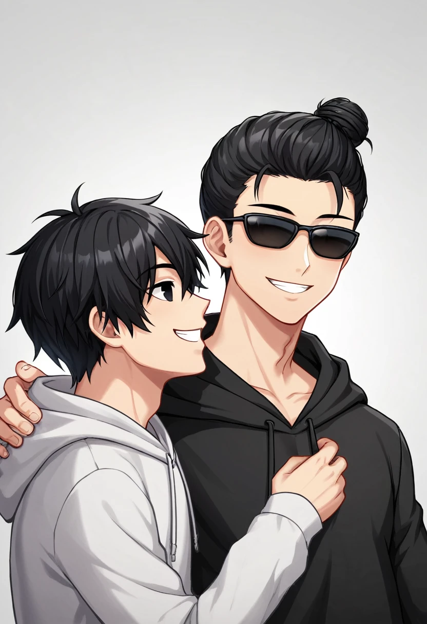 1 boy, black hair large shoulder tied in a man bun , black eyes, clear skin, place sunglasses black over your eyes, hoodie, smiling