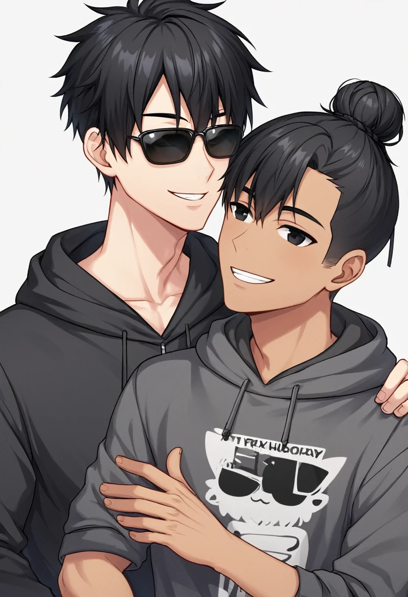 1 boy, black hair large shoulder tied in a man bun , black eyes, clear skin, place sunglasses black over your eyes, hoodie, smiling