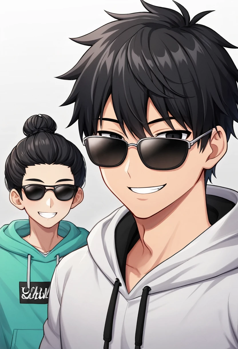 1 boy, black hair large shoulder tied in a man bun , black eyes, clear skin, place sunglasses black over your eyes, hoodie, smiling