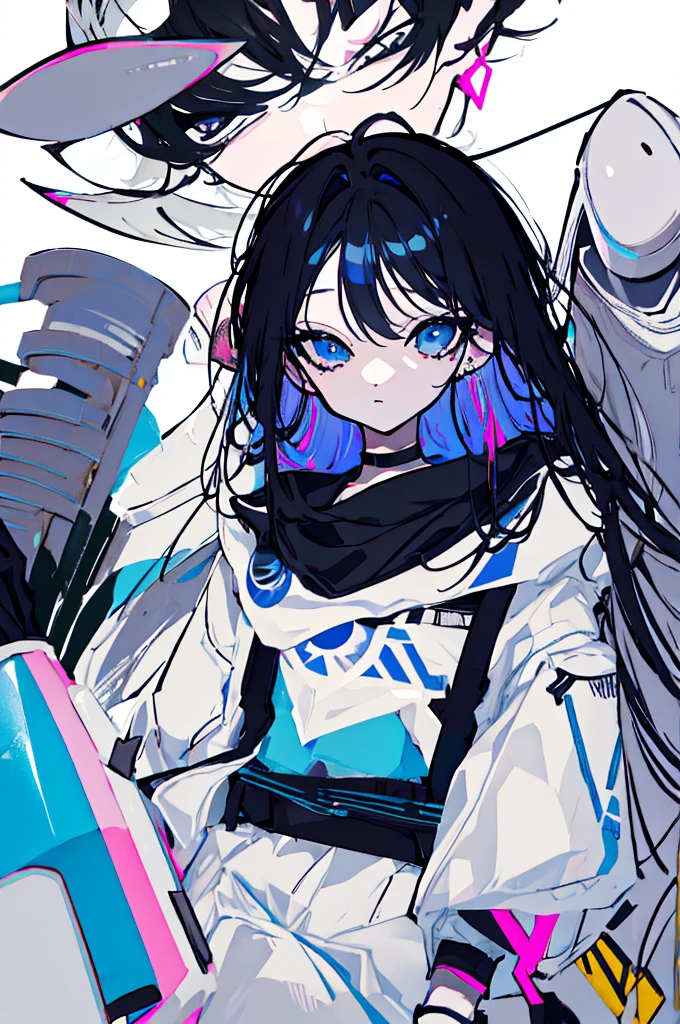 {{masterpiece}}, The best quality of life,、(Black long hair、Inside is blue、Pink Eyes)、big black earrings、Black choker、Beautiful details in the eyes、White background、Anime characters、((Black tube top、hot pants、Punk Fashion)、(Expressionless girl)、(White background)、(())