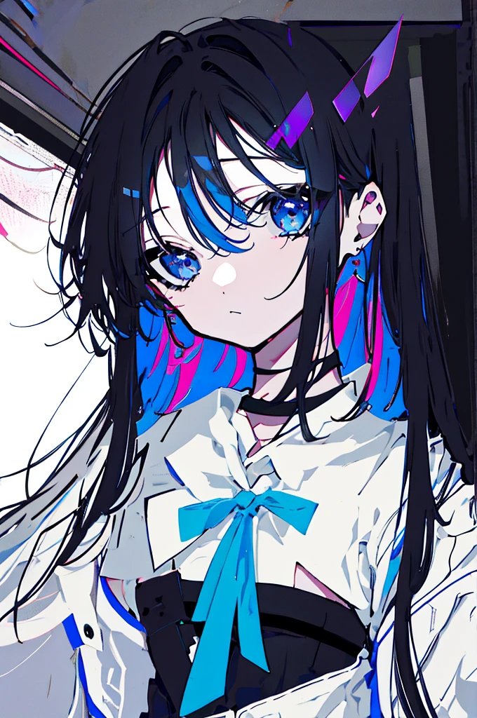 {{masterpiece}}, The best quality of life,、(Black long hair、Inside is blue、Pink Eyes)、big black earrings、Black choker、Beautiful details in the eyes、White background、Anime characters、((Black tube top、hot pants、Punk Fashion)、(Expressionless girl)、(White background)、((-yeld gi)