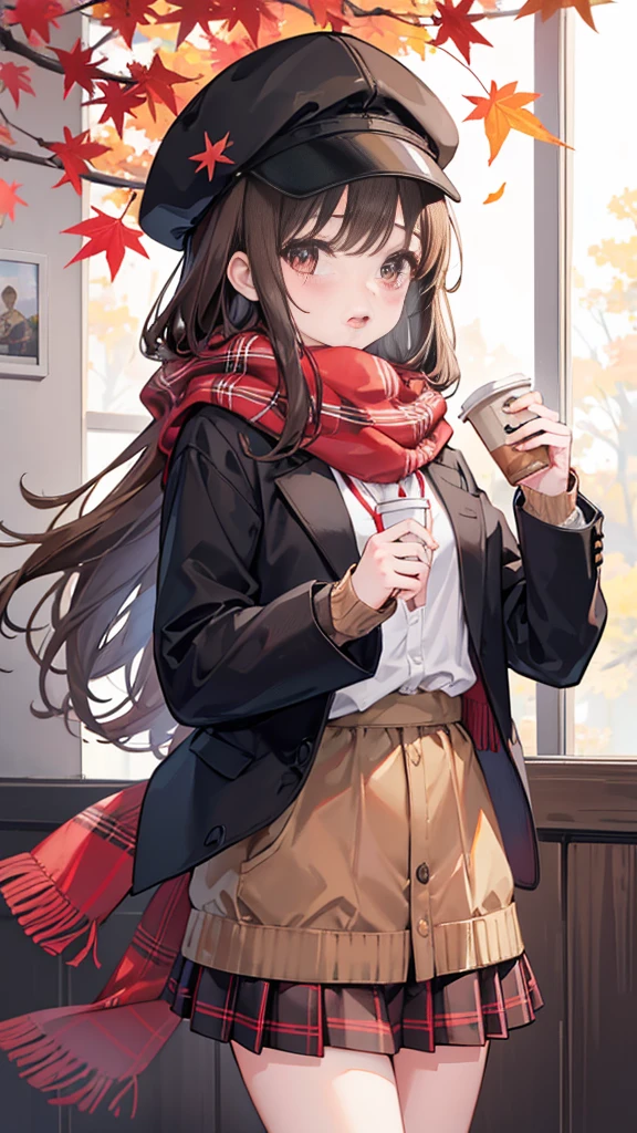 1 girl, Autumn leaves, hits, black hats, blurred background, blush, Ojos Cafés, Brown hair, brown scarf, brown Skirt, cardigan, Café, cowboy shot, cup, disposable cup, to drink, Leaves falling, cap, tenure, tenure to drink, move, wide, long sleeves, looking at the viewer, open cardigan, Open mouth, tartan, tartan Skirt, puffy long sleeves, red sweater, scarf, shirt, shirt tucked in, Side locks, Skirt, SMILE, Alone, sweater, white shirt, extremely detailed, intricate, Masterpiece, absurdities