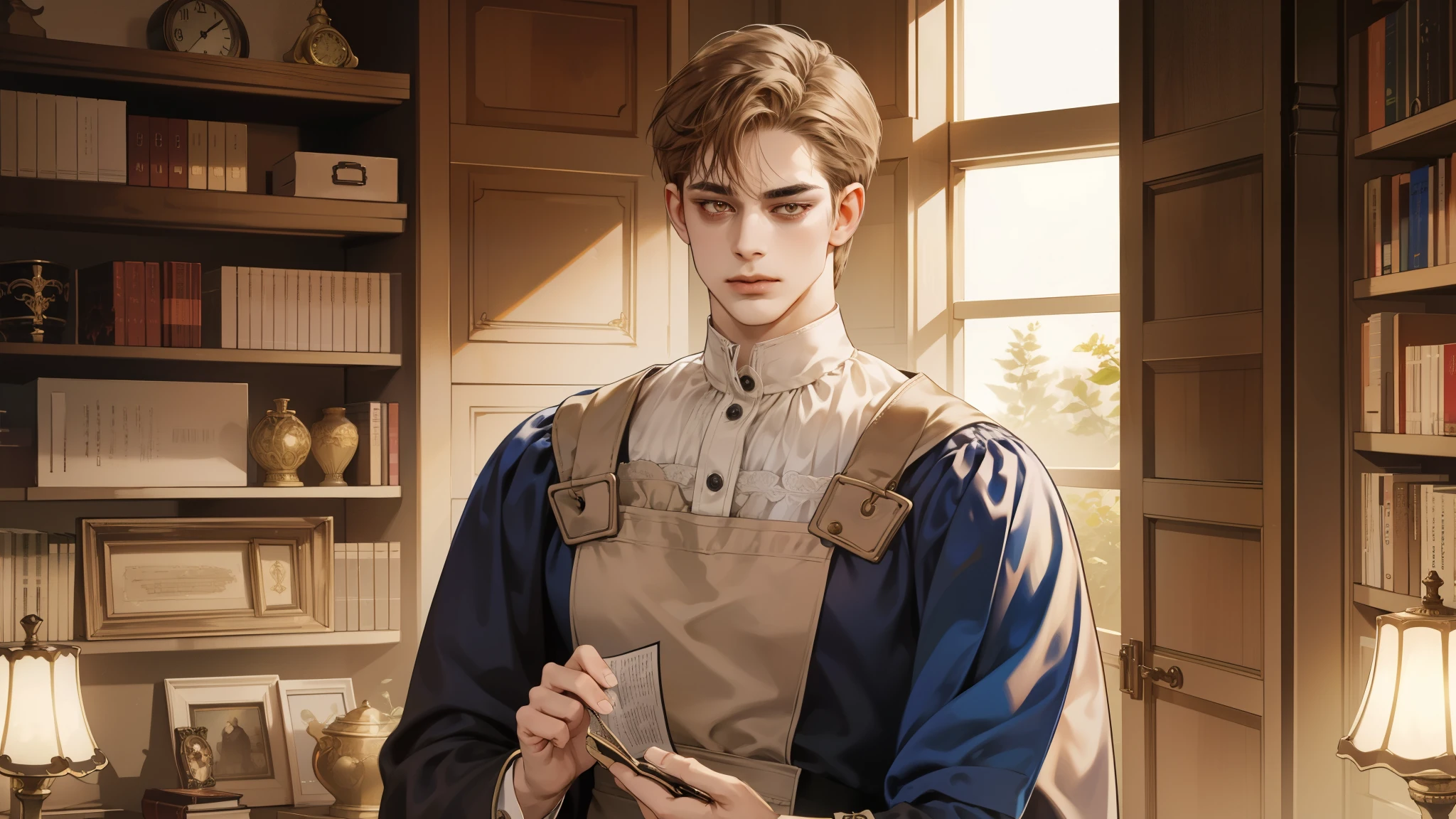 masterpiece, Best quality, realistic, 1 person, Mature man, Quiet and charming young man, 25 years, waist up very detailed face, narrow shoulders, thin, Middle Ages, 19th century,, ((golden eyes)), ((Short, light brown hair combed to the right)), [thick eyebrows], in an apron, Cinematic lighting, I look at the audience, posture dynamics, dress the doctor, monocle, In the hands of a book, behind there is a cabinet with medicines and herbs, books, standing indoors