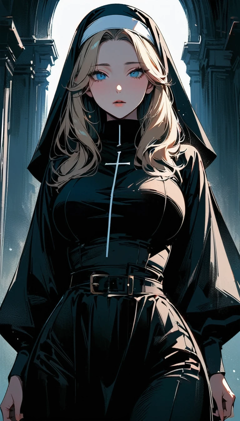 (high quality, 8k, 4K, high contrast, artwork:1.2, high quality, best aesthetics), (centered), ((1 woman)), erotic, sensual, mature body, super detailed, beautiful face detailed, beautiful eyes detailed, detailed beautiful mouth, perfect breats, (blonde, long, straight hair), (blue eyes), (shy calm expression), (religious habit), (nun's clothes), (female nun), (standing), (looking at viewer), (piercing gaze), (church), (front view)