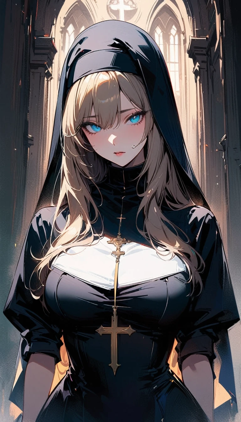 (high quality, 8k, 4K, high contrast, artwork:1.2, high quality, best aesthetics), (centered), ((1 woman)), erotic, sensual, mature body, super detailed, beautiful face detailed, beautiful eyes detailed, detailed beautiful mouth, perfect breats, (blonde, long, straight hair), (blue eyes), (shy calm expression), (religious habit), (nun's clothes), (female nun), (standing), (looking at viewer), (piercing gaze), (church), (front view)