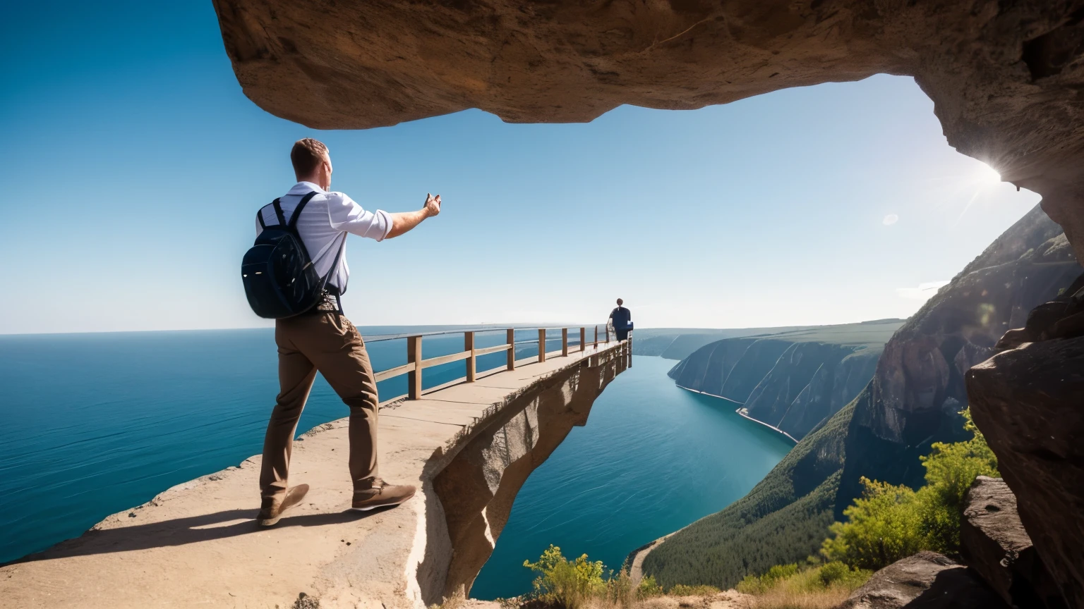 A white man reaches out to shake hands with someone on a nearby cliff, with a bridge forming between them, visually representing the risk of meeting new people