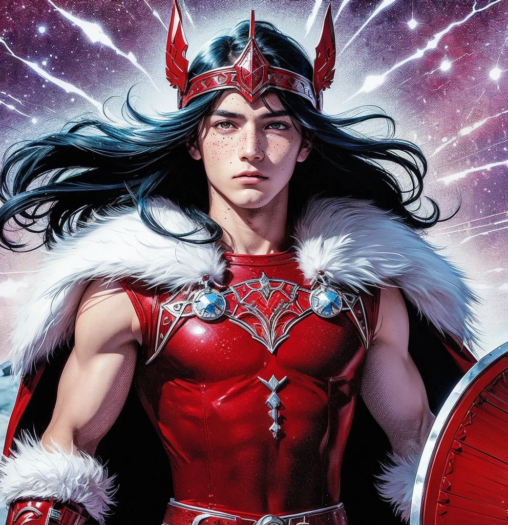 American comic book art: very young man delicate ethereal, very straight dark bluish-black hair long, very young face boy, red diadem helmet on his forehead, delicate tight red and white Sif outft tiny skirt, red shoulder pads, white fur collars, very beautiful thighs, holding a red shield polished, freckles, red covered neck, classic comics, magic magenta energy, navy eyes, countryside, on top of the wall, bright red viking outfit, ethereal male body.