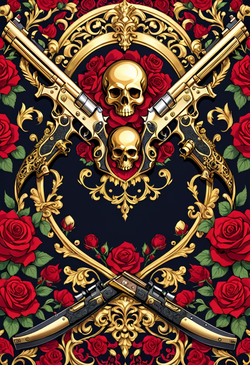 A dark and intense t-shirt design featuring intricate baroque patterns interwoven with skulls, roses, and weapons like gold-plated guns and knives. Use rich colors like deep red, black, and gold. Add metallic accents and highlights to emphasize opulence and power.