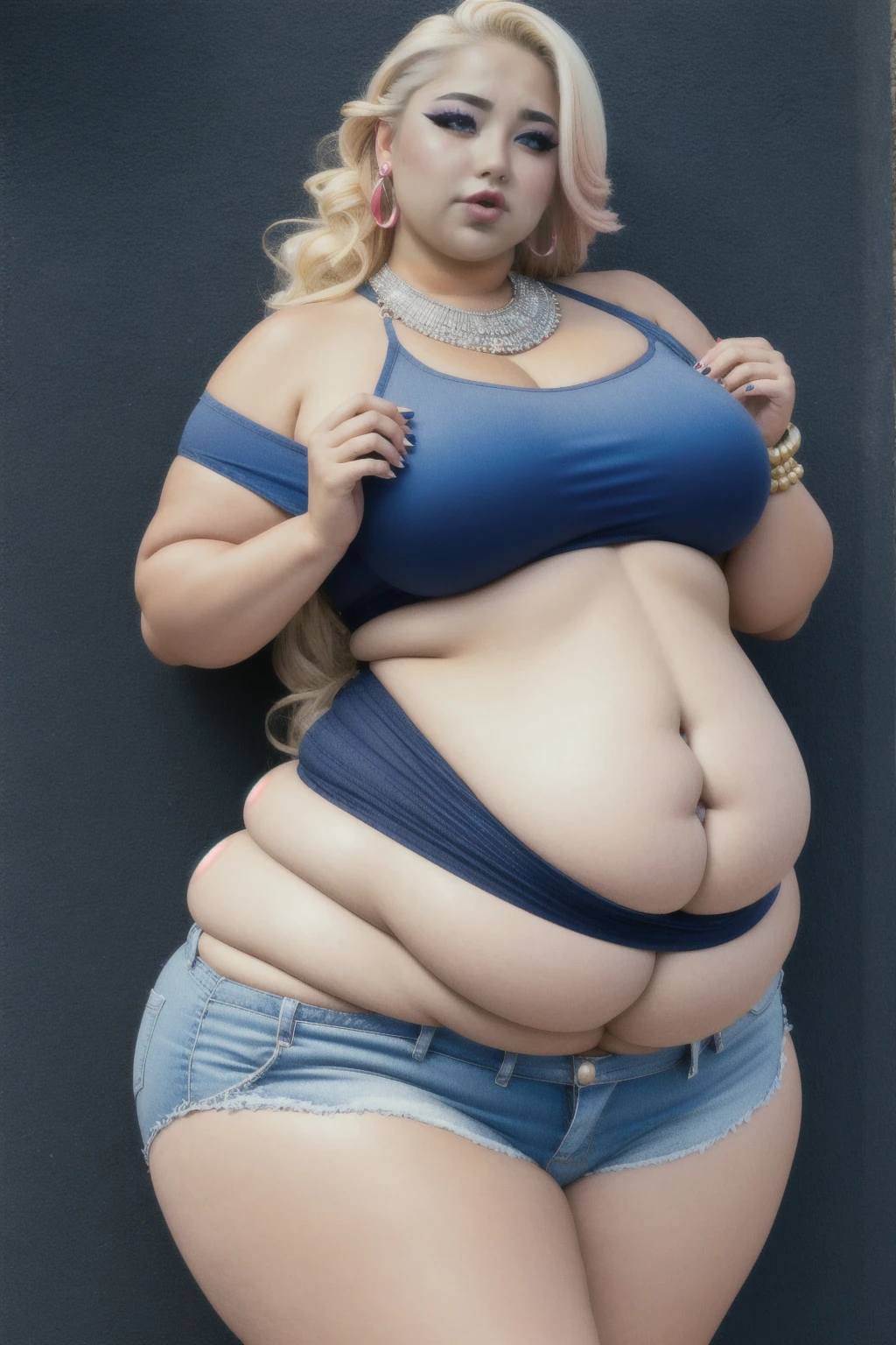 1girl, solo, blonde hair, blue eyes, tan, ganguro, long hair, wearing a small tshirt, denim jeans, tanlines, makeup, wristband, lipstick, jewelry, masterpiece, blushing, art by lazorchef, by kipteitei, lipstick, jewelry, female angry, (obese belly):1.8, massive SSBBW body, massive soft hyperbelly, soft massive obese belly, cute chubby feminine face, sensual pose, soft obese arms, mesmerizing eyes, gorgeous supermodel face, long hair small navel, frown, looking at viewer, beautiful day, jewelry, blue eyes, earrings, blushing