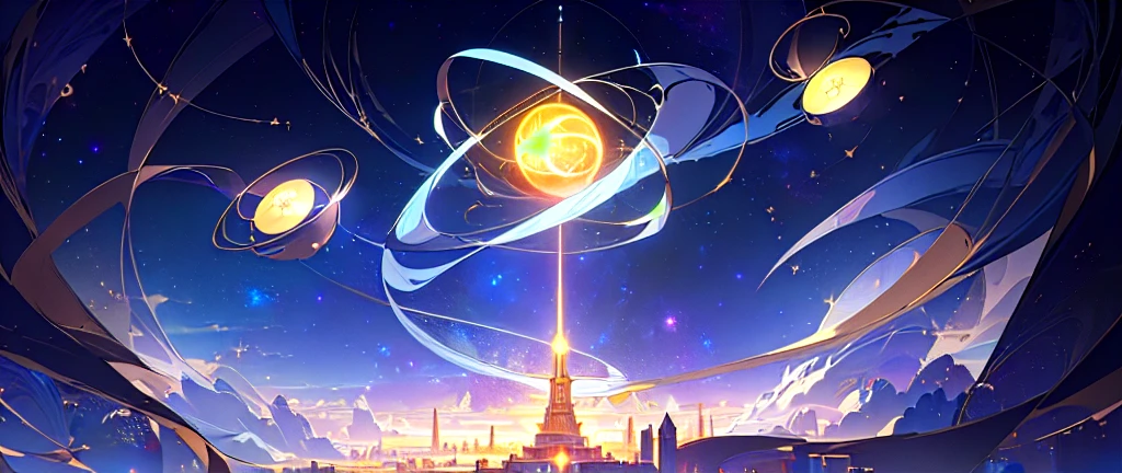 There is a tower in the background, Infinite Celestial Library, Infinite Space Clock Background, 4k solarpunk wallpaper, Concept Art Magic Highlights, Background artwork, The background is an endless universe, ball of time, Anime background main visual, Animation New Art Universe Display, 8K HD wallpaper JPEG artifact